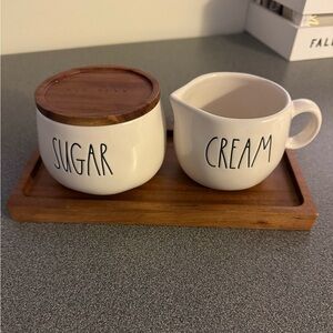Rae Dunn White Sugar and Cream Set with Wooden Tray
